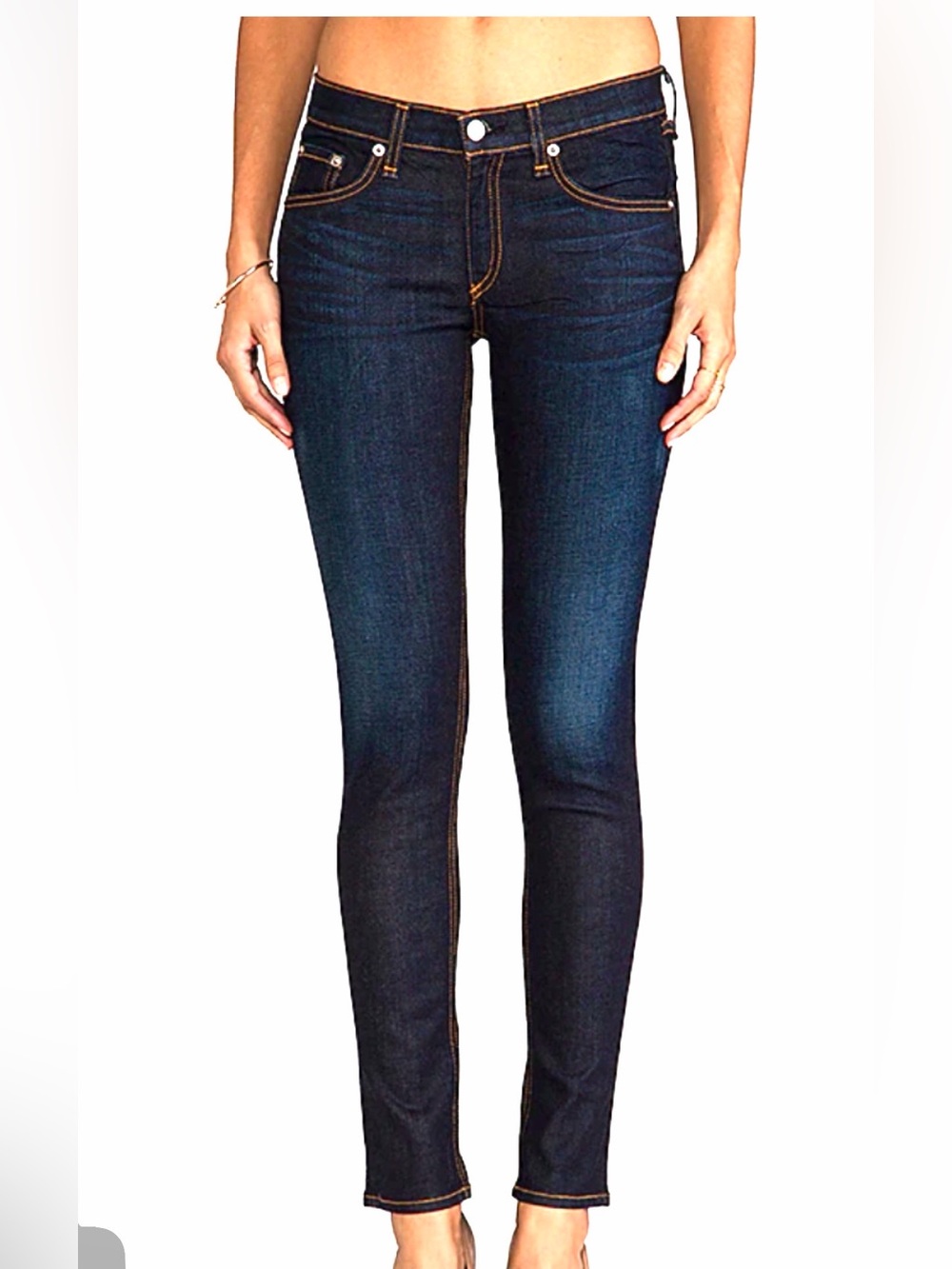 [$260] Rag & Bone Skinny Dark Indigo Orange stitches Ankle Jeans
